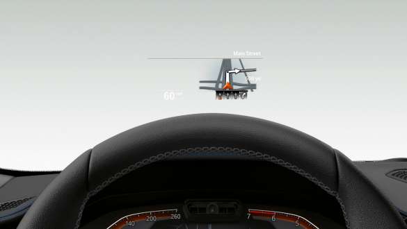 BMW Serie 3, BMW Head-Up Display Detalle de la parte frontal de la mitad del volante y el parabrisas del BMW Serie 3 con BMW Head-Up Display.