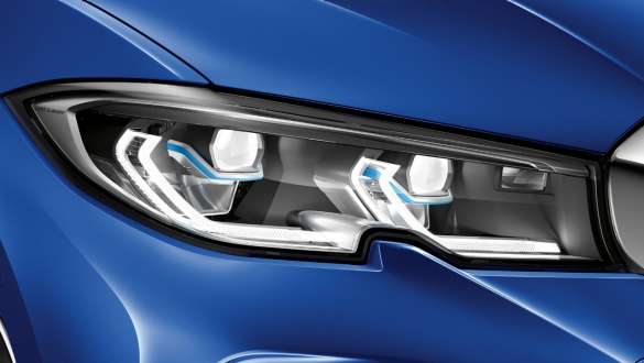 BMW Serie 3 (G20), Luz láser BMW. BMW Serie 3 (G20), Luz láser BMW. Primer plano lateral del faro delantero izquierdo con Luz láser BMW.