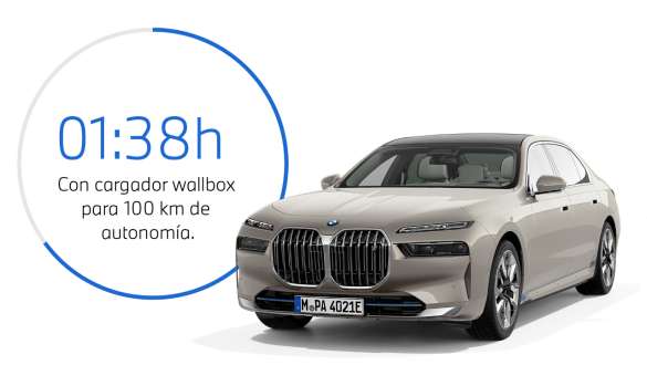 BMW i7 xDrive60 G70 2022 Vista de tres cuartos del frontal con gráfico sobre duración de carga BMW i7 xDrive60 G70 2022 Vista de tres cuartos del frontal con gráfico sobre duración de carga