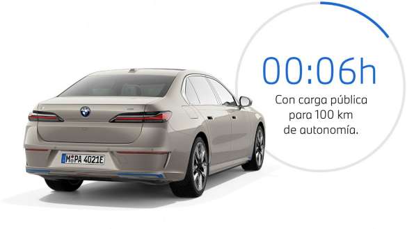 BMW i7 xDrive60 G70 2022 Vista de tres cuartos de la zaga con gráfico sobre duración de carga BMW i7 xDrive60 G70 2022 Vista de tres cuartos de la zaga con gráfico sobre duración de carga
