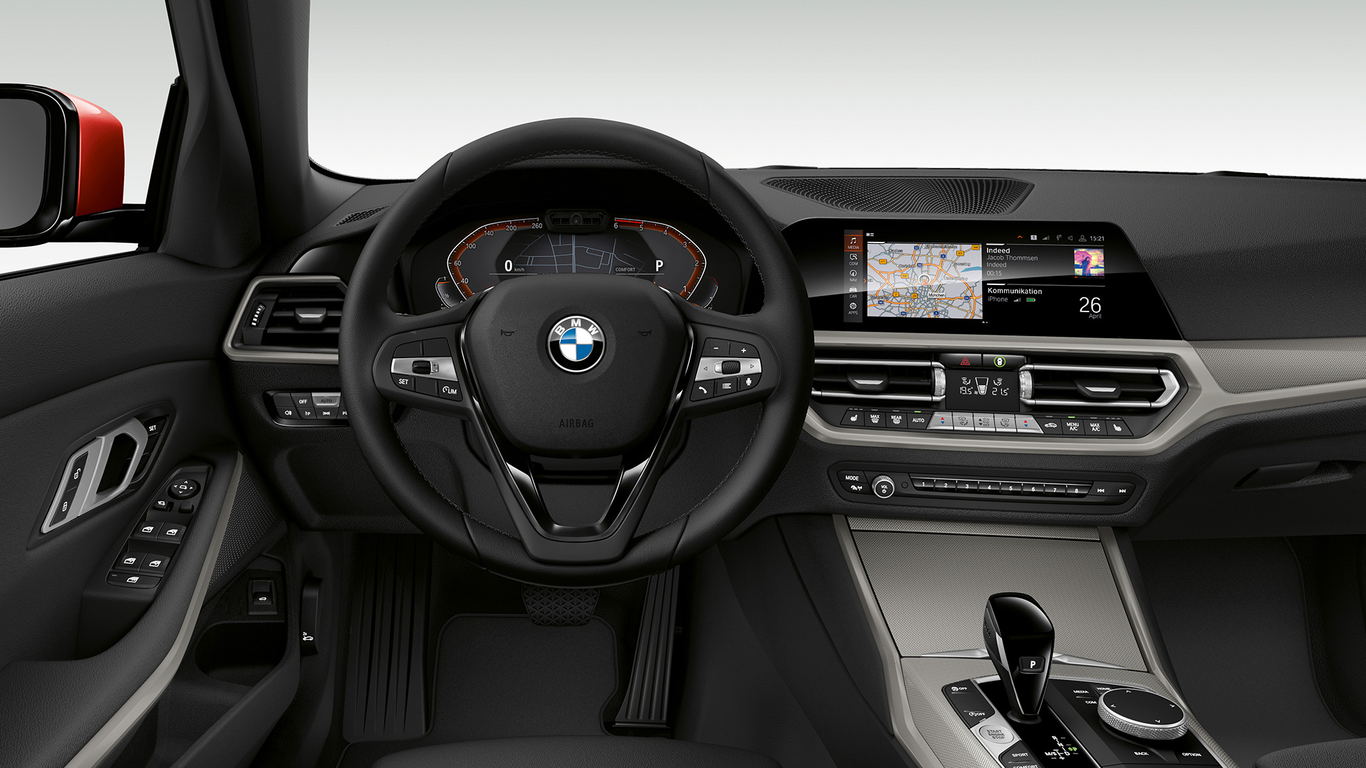 BMW Serie 3, puesto de conducción G20 Detalle de la parte frontal del puesto de conducción del BMW Serie 3 Berlina G20