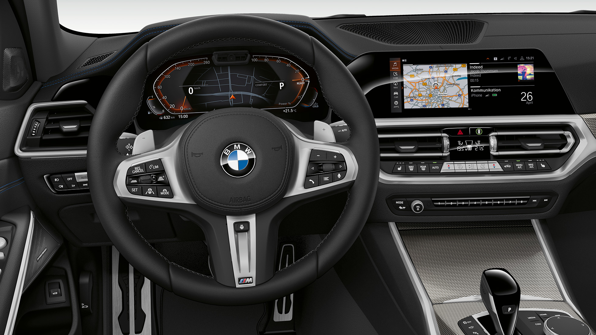 BMW Serie 3, Acabado Sport: puesto de conducción G20 Detalle de la parte frontal del puesto de conducción del BMW Serie 3 con equipamiento del Acabado Sport G20.
