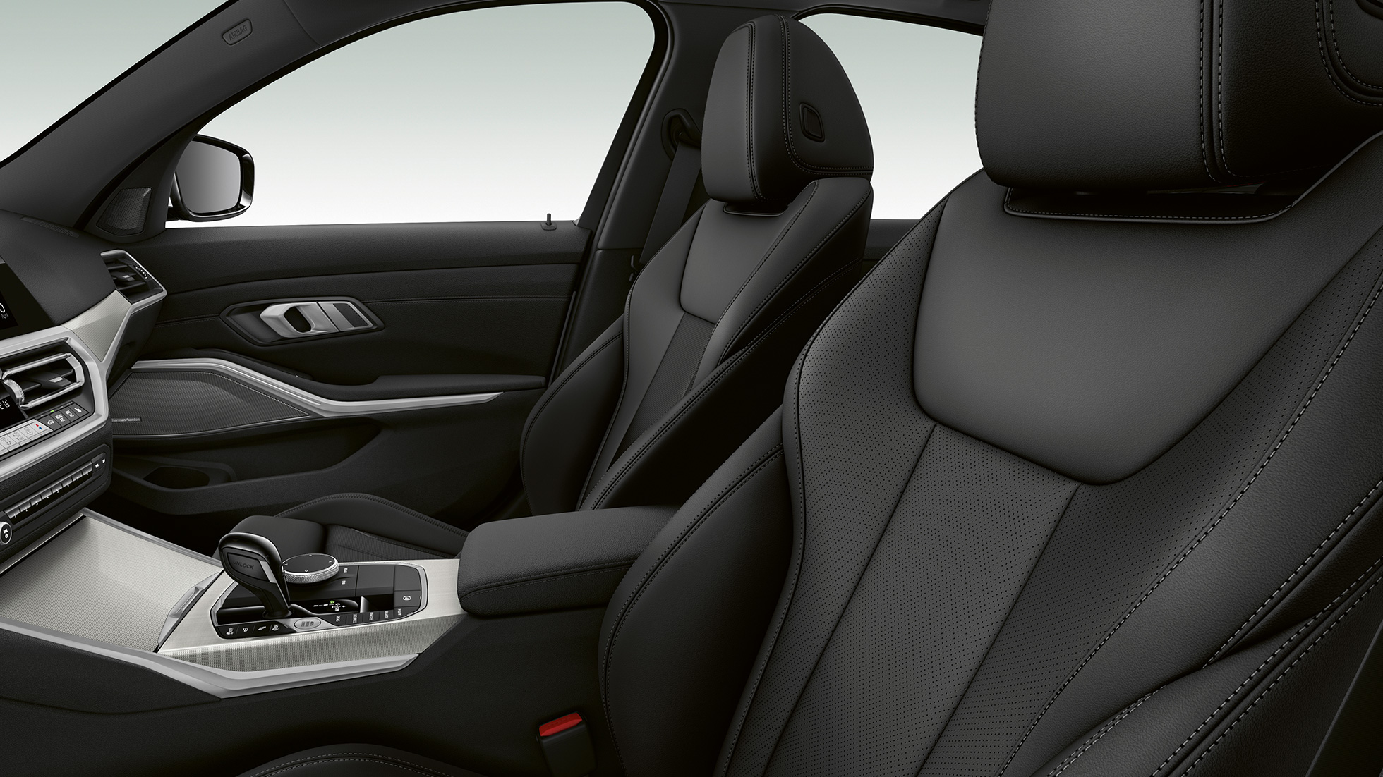 BMW Serie 3, Acabado Sport: asientos delanteros G20 Detalle del lateral de los asientos delanteros del BMW Serie 3 con equipamiento del Acabado Sport G20.