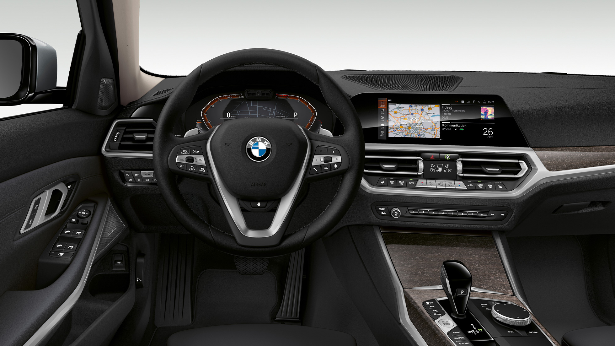 BMW Serie 3, Acabado Luxury: puesto de conducción G20 Detalle de la parte frontal del puesto de conducción del BMW Serie 3 Acabado Luxury G20.