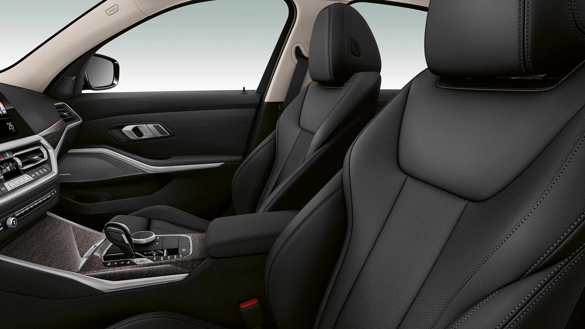 BMW Serie 3 Berlina, Acabado Luxury: asientos delanteros G20 Detalle del lateral de los asientos delanteros del BMW Serie 3 con equipamiento del Acabado Luxury G20.