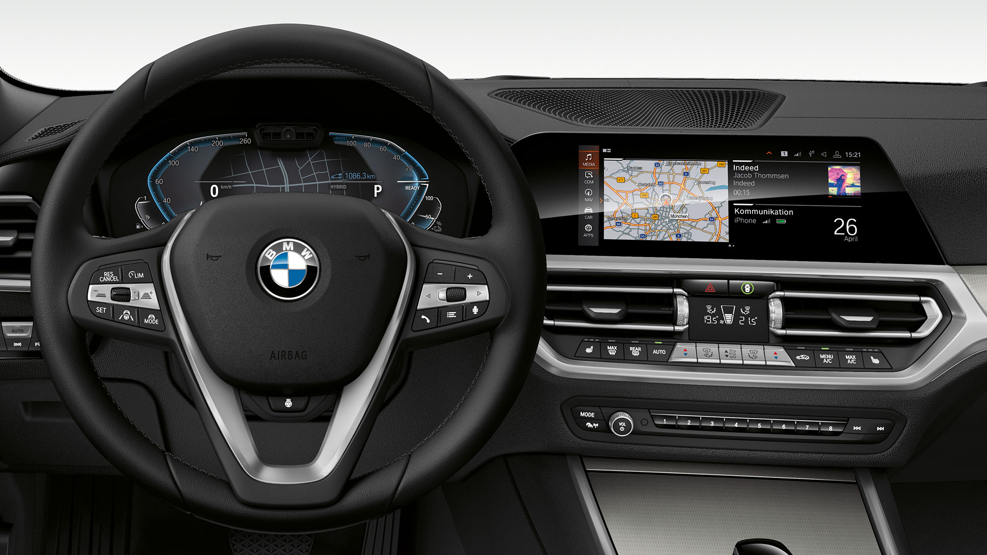 BMW Serie 3, puesto de conducción del BMW 330e Vista frontal detallada del puesto de conducción del BMW Serie 3 con pantalla i.