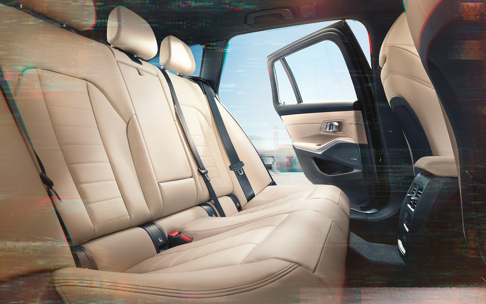 BMW Serie 3 Touring (G21), toma de detalle de la banqueta trasera BMW Serie 3 Touring (G21), equipamiento de cuero, toma de detalle de la banqueta trasera con tapicería