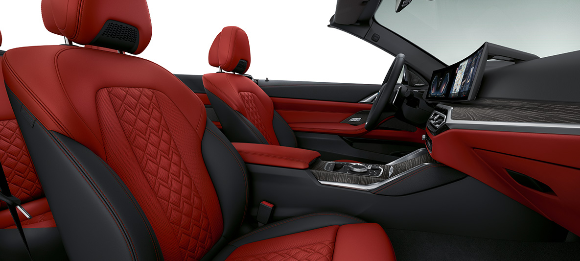 Equipamiento de cuero integral Merino BMW Individual Fionarot/Schwarz BMW Serie 4 Cabrio Individual 2020 G23, interior Equipamiento de cuero integral Merino BMW Individual Fionarot/Schwarz BMW Serie 4 Cabrio Individual G23 2020, interior, puesto de conducción