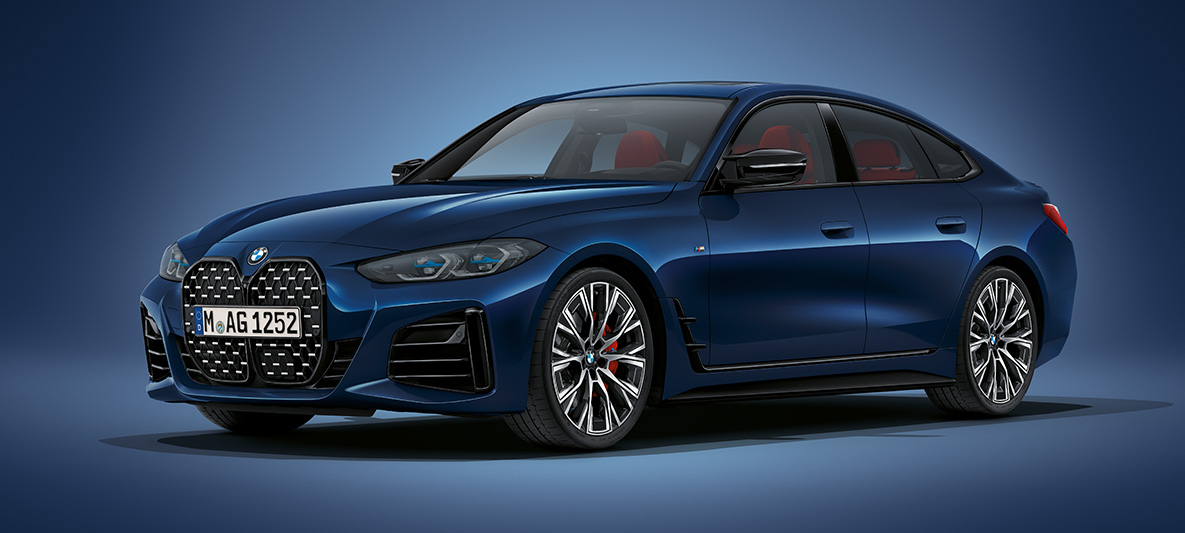 BMW Serie 4 Gran Coupé G26 2021 BMW Individual Tansanitblau metalizado BMW Serie 4 Gran Coupé G26 2021 BMW Individual Tansanitblau metalizado Vista de tres cuartos del frontal parado