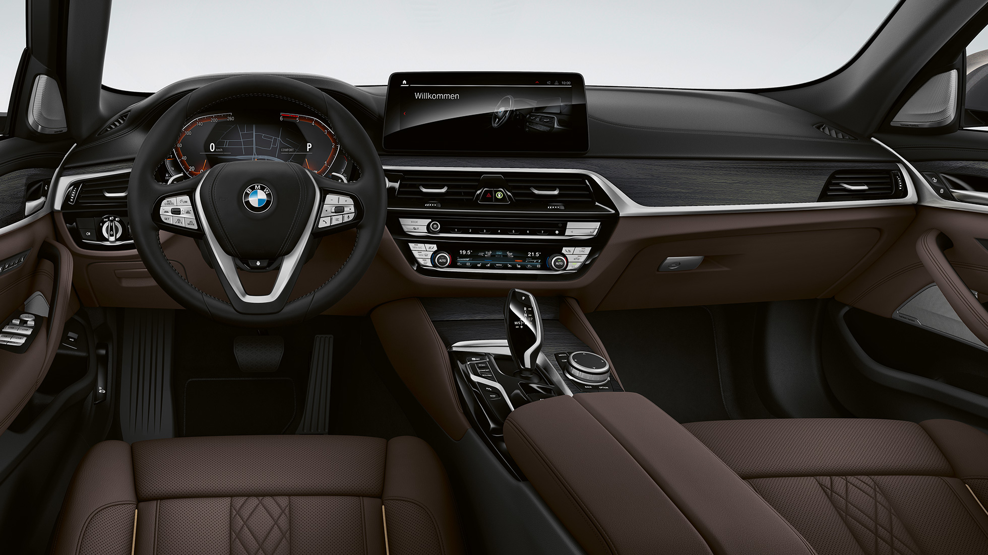 Puesto de conducción BMW Serie 5 G30 Línea Luxury Puesto de conducción BMW Serie 5 Berlina 520d xDrive G30 2020 Línea Luxury Cuero exclusivo Nappa Mokka con costura exclusiva y ribete de contraste Interior