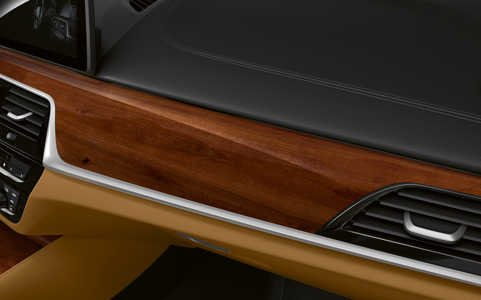 BMW Serie 5 Touring G31 LCI puesto de conducción en detalle, molduras interiores de madera noble BMW Individual marrón ciruela con perfil cromo perlado BMW Serie 5 Touring G31 Renovación 2020 puesto de conducción en detalle, molduras interiores de madera noble BMW Individual marrón ciruela con perfil cromo perlado