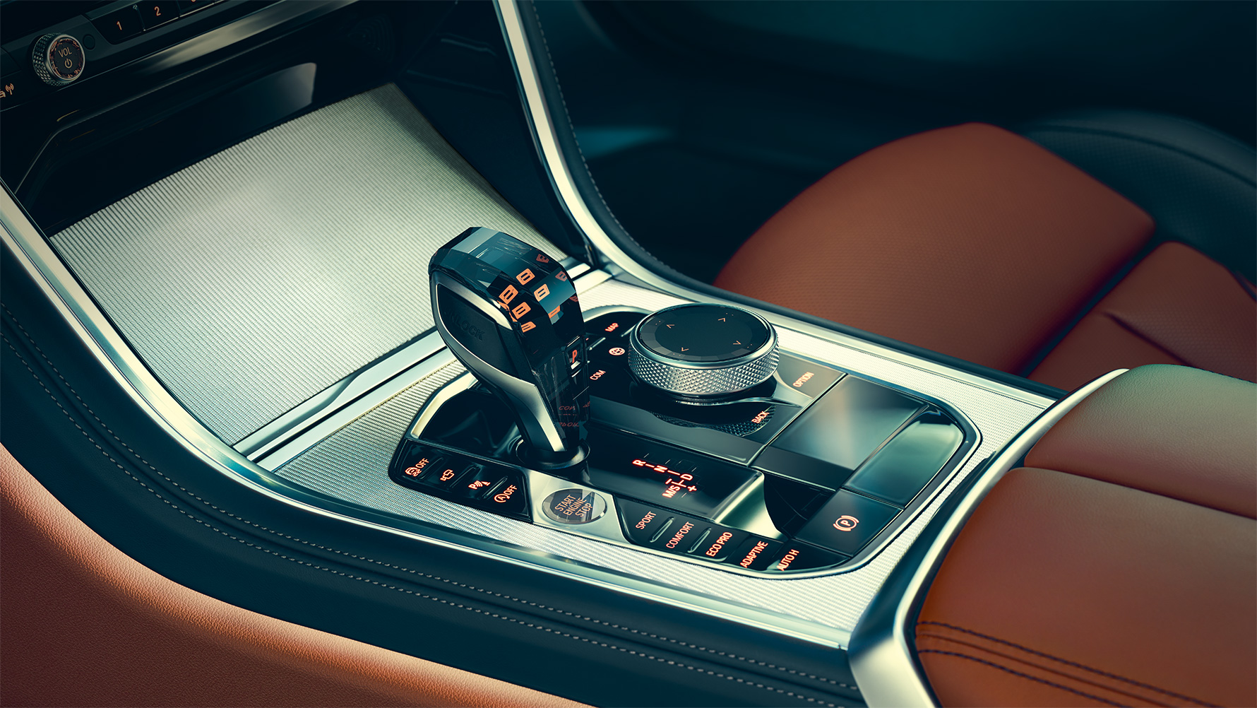 BMW Serie 8 Coupé, consola central Detalle del interior del nuevo BMW Serie 8 Coupé, enfocado en la consola central.