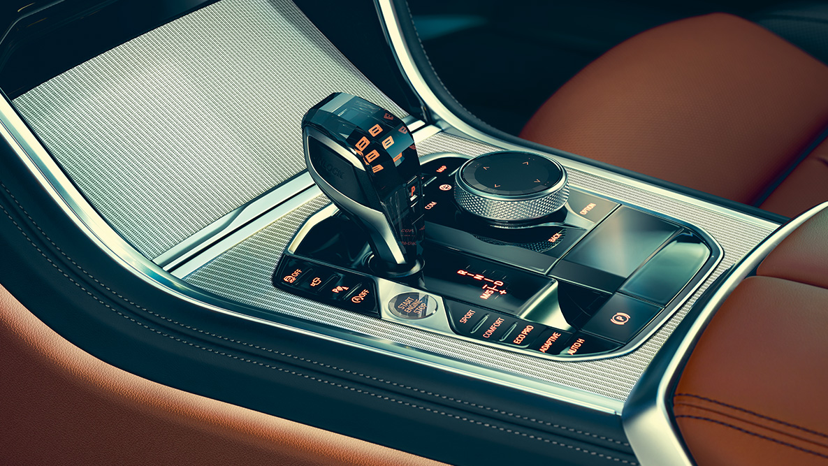 BMW Serie 8 Coupé, consola central. Detalle del interior del BMW Serie 8 Coupé, enfocado en la consola central.