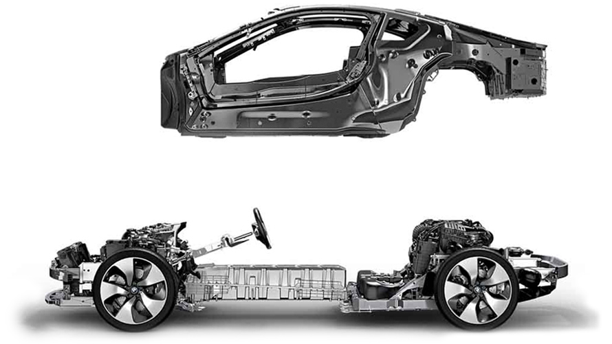 Vista lateral del chasis del BMW i8 Roadster Vista lateral del chasis del BMW i8 Roadster