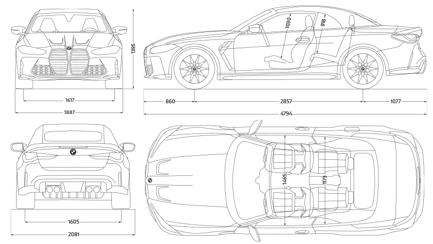 BMW M4 Competition Cabrio con sistema M xDrive G83 2021 Dibujo lineal, vista lateral BMW Competition Cabrio con sistema M xDrive G83 2021, Dibujo lineal, dimensiones, vista lateral