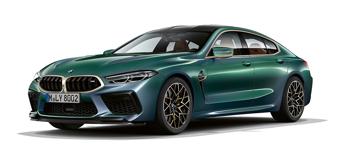 BMW M8 Gran Coupé Individual First Edition, vista de tres cuartos del frontal BMW M8 Gran Coupé Individual First Edition F93 2020 BMW Individual Aurora Diamond Green metalizado, vista de tres cuartos del frontal del deportivo de lujo