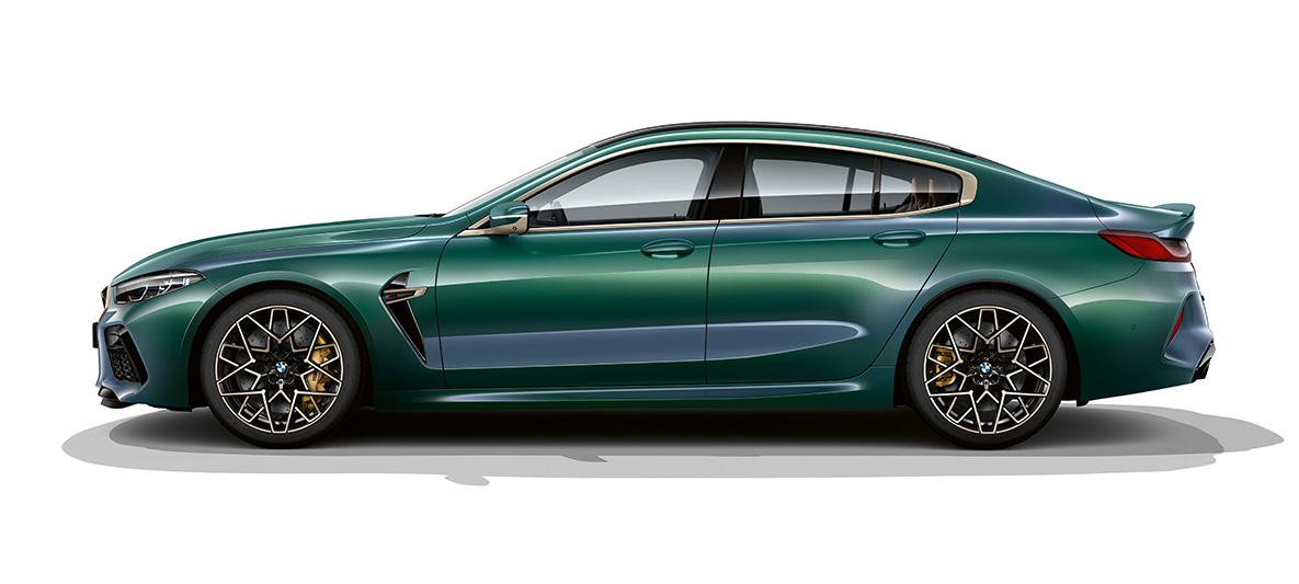 BMW M8 Gran Coupé Individual First Edition, vista lateral BMW M8 Gran Coupé Individual First Edition F93 2020 BMW Individual Aurora Diamond Green metalizado, vista lateral