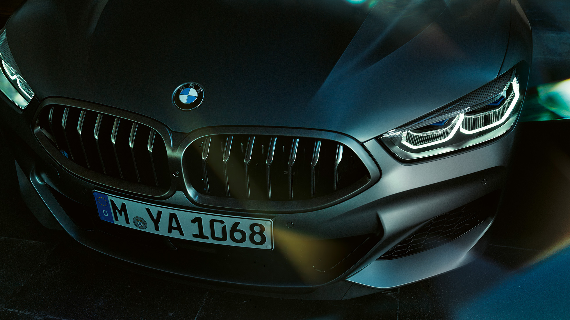 Parrilla BMW M850i xDrive Gran Coupé Parrilla BMW M850i xDrive Gran Coupé G16 2019 BMW Individual Frozen Bluestone metalizado, detalle del frontal del deportivo de lujo