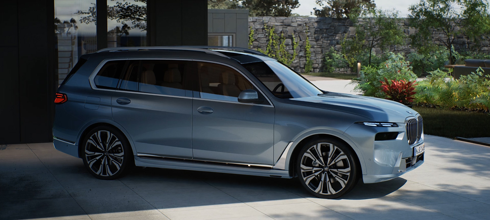 BMW X7 G07 LCI 7/8 Vista lateral, Sparkling Copper Grey metalizado, vídeo BMW X7 G07 LCI 7/8 Vista lateral, parado, Sparkling Copper Grey metalizado, vídeo