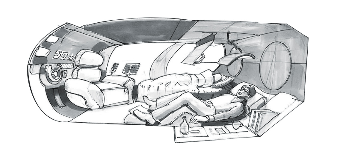 El interior del vehículo del futuro Dibujo del interior de un vehículo con conducción autónoma en el futuro.