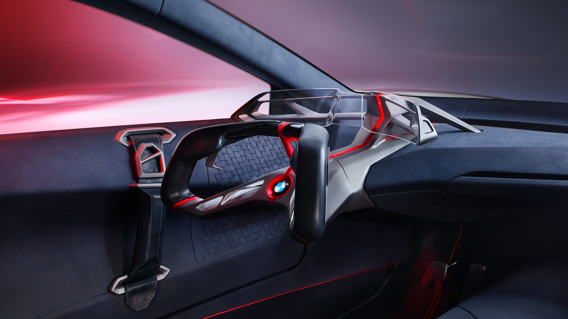 BMW Vision M NEXT, Interior BMW Vision M NEXT, interior, puesto de conducción con volante, Boost Pod, pantalla de cristal curvada transparente, Full AR BMW Head-Up Display