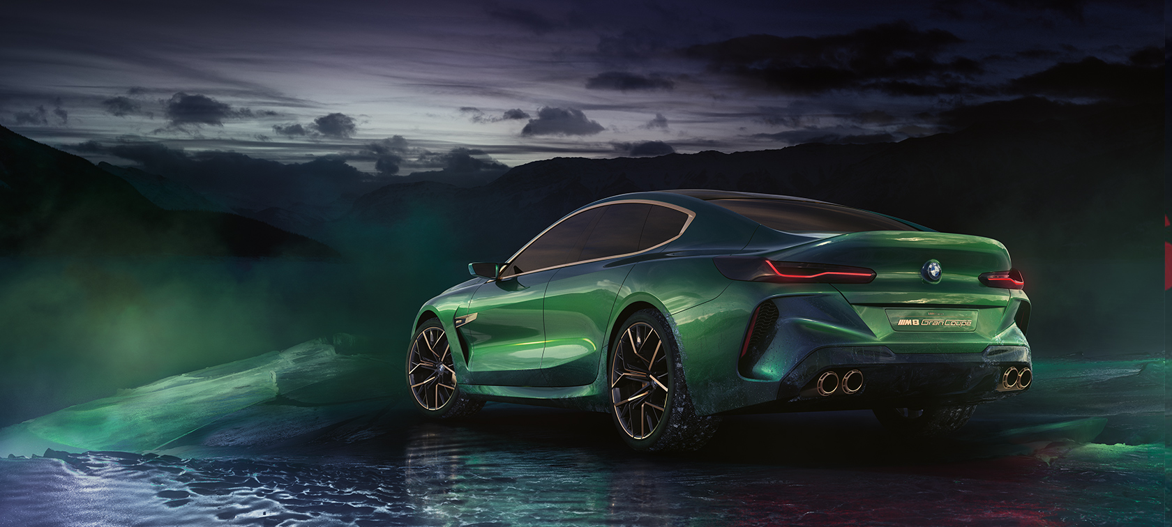 BMW M8 Gran Coupé Concept, vista de tres cuartos de la zaga BMW M8 Gran Coupé Concept: vista de tres cuartos de la zaga en un entorno helado
