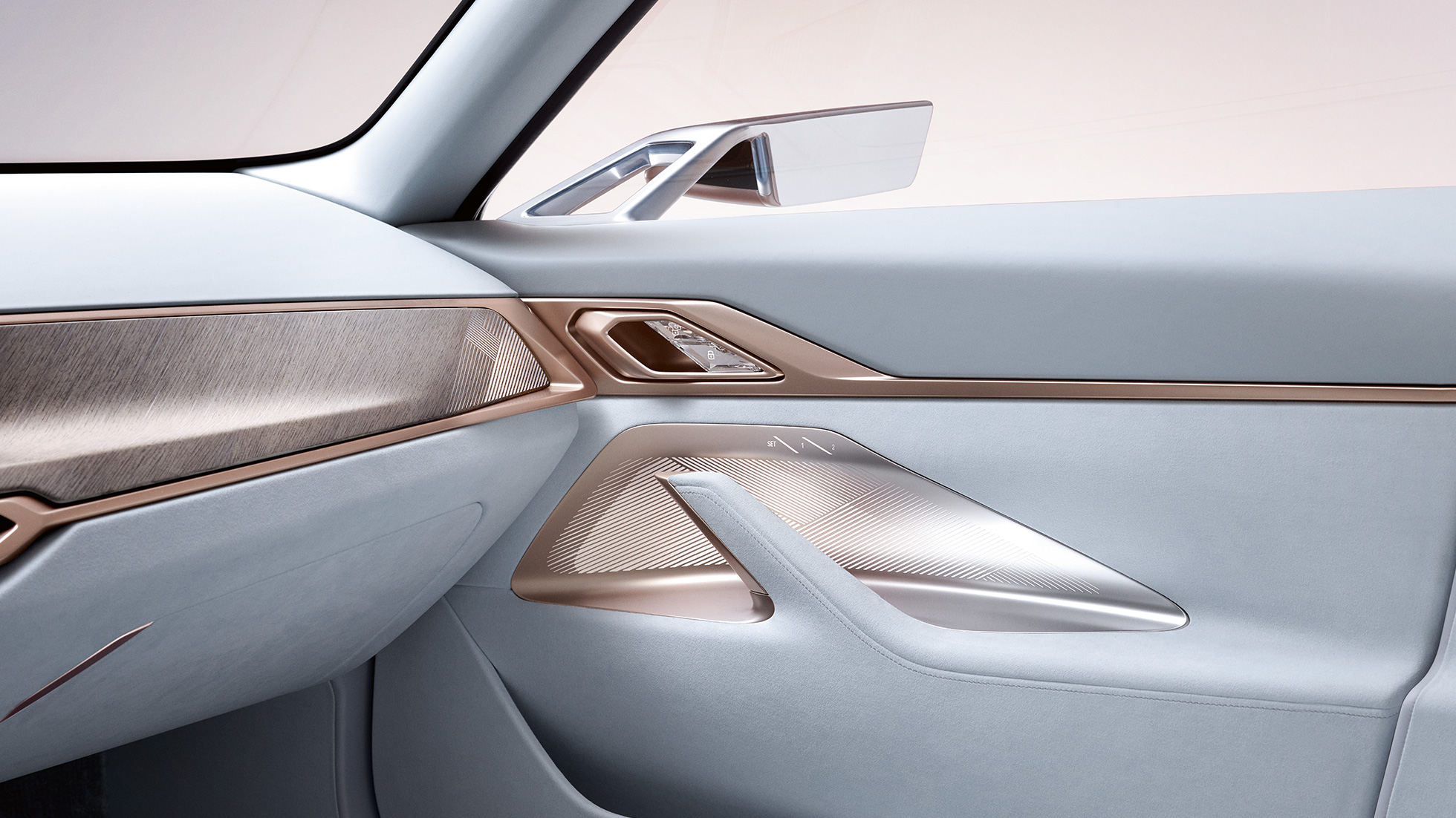 Interior 4 BMW Concept i4 2020 G26 Interior 4 BMW Concept i4 2020 G26, automóvil totalmente eléctrico, BMW Gran Coupé, primer plano, puerta con retrovisor exterior